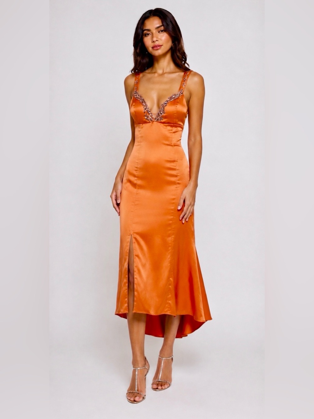 Vintage Tony Bowls Deep V Orange Satin Midi Slip Dress Crystals & Beaded 8